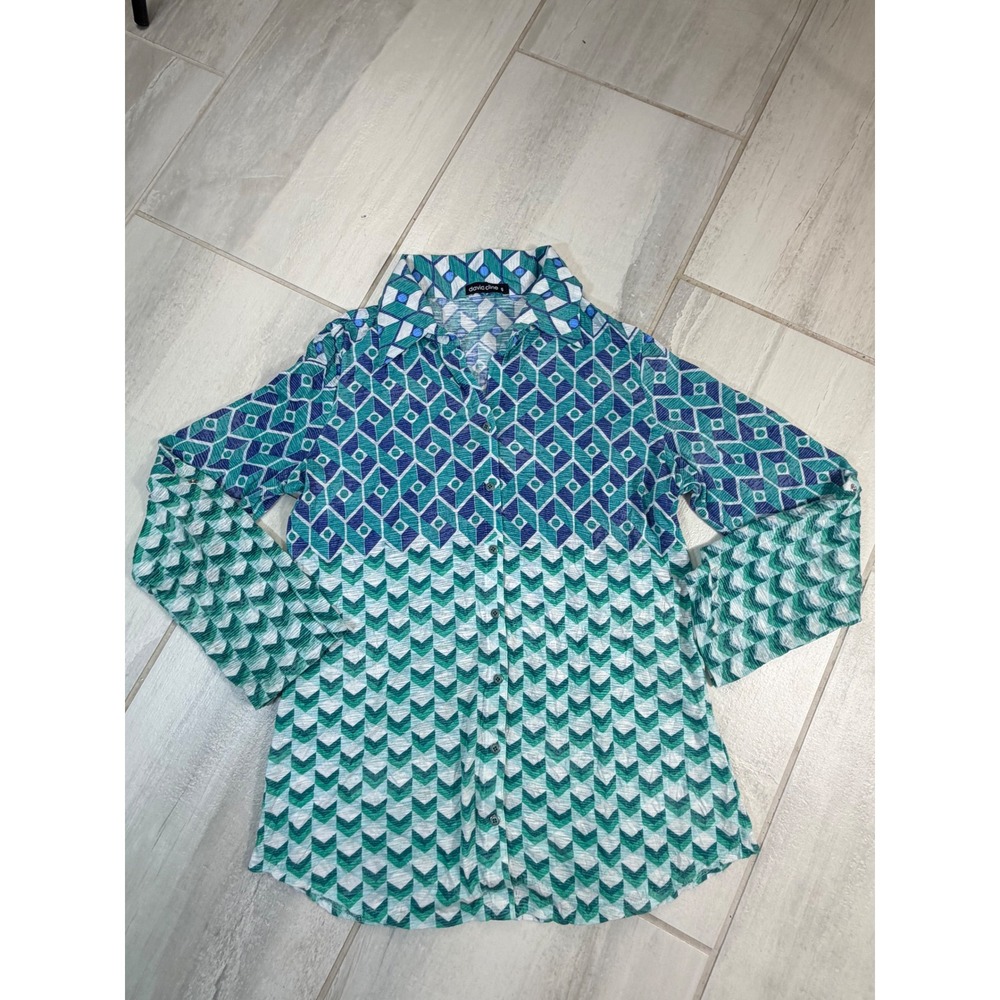 David Cline Womens Small Geometric Crinkle Button Down Shirt Green Blue USA
